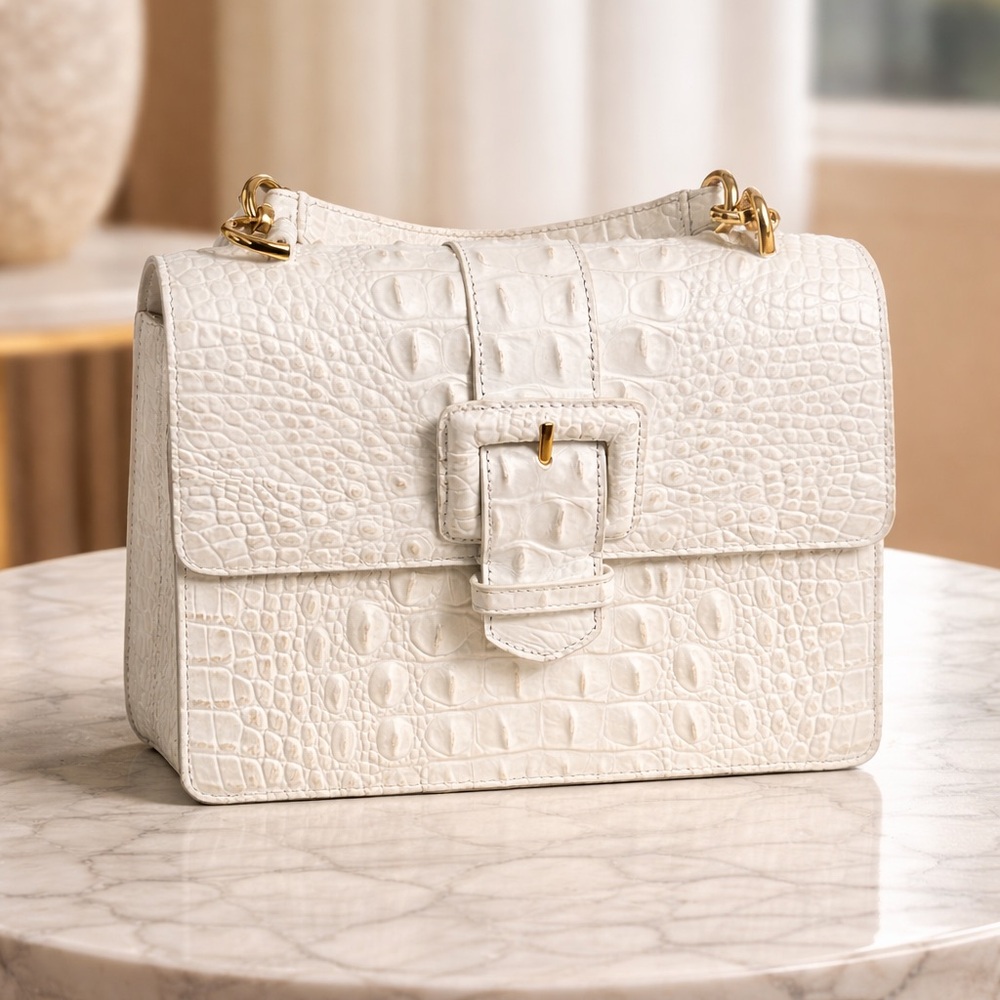 Brahmin White Crocodile-Embossed Satchel